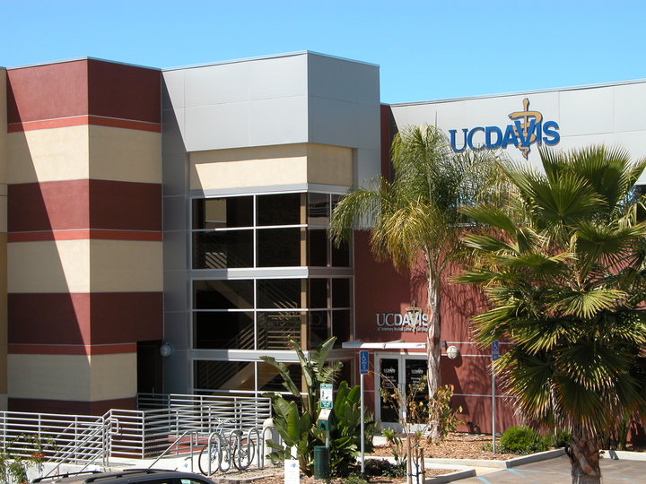 Campus building with UC Davis logo on brick facade, palm trees and stair railings