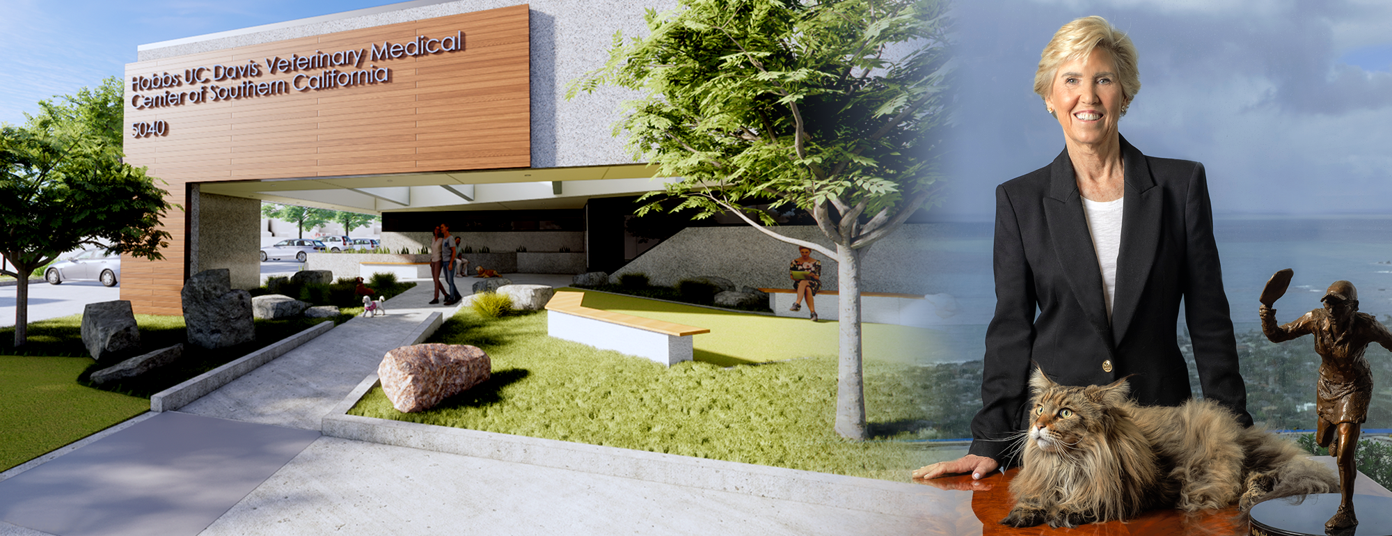 Rendering of the front of the building with Jan Hobbs and Hamilton Hobbs, kitty.